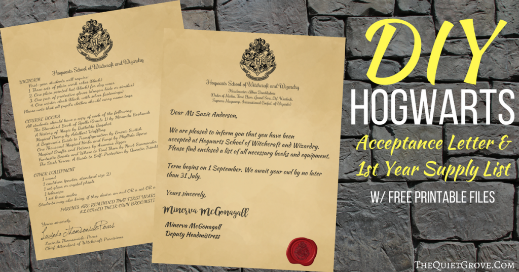 Harry Potter Diy Hogwarts Acceptance Letter 1st Year Supply List Free Printables The Quiet Grove
