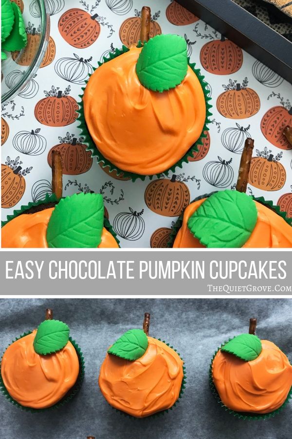 These Easy to make Chocolate Pumpkin Cupcakes are the perfect Fall after-dinner dessert or even kid's Fall baking activity! #PumpkinDessert #FallCupcakes