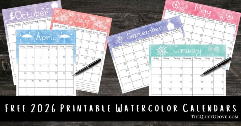Free 2026 Printable Watercolor Calendars